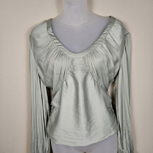 Anthropologie Smocked Blouson Sleeve Blouse Sage Green Open Back Satin Party L - Picture 6 of 16